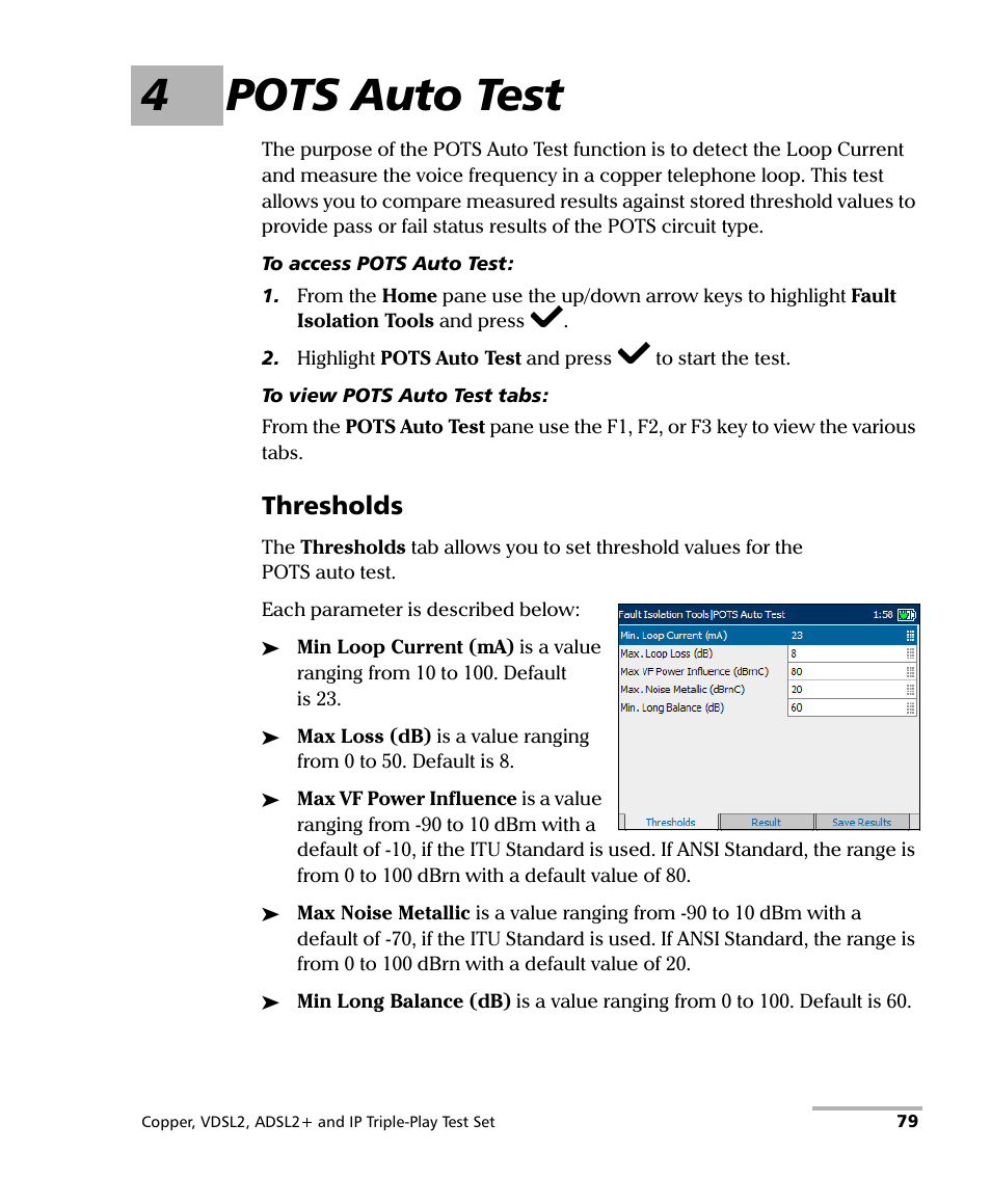 4 pots auto test, 4pots auto test, Thresholds | EXFO VDSL2 User Manual | Page 87 / 275