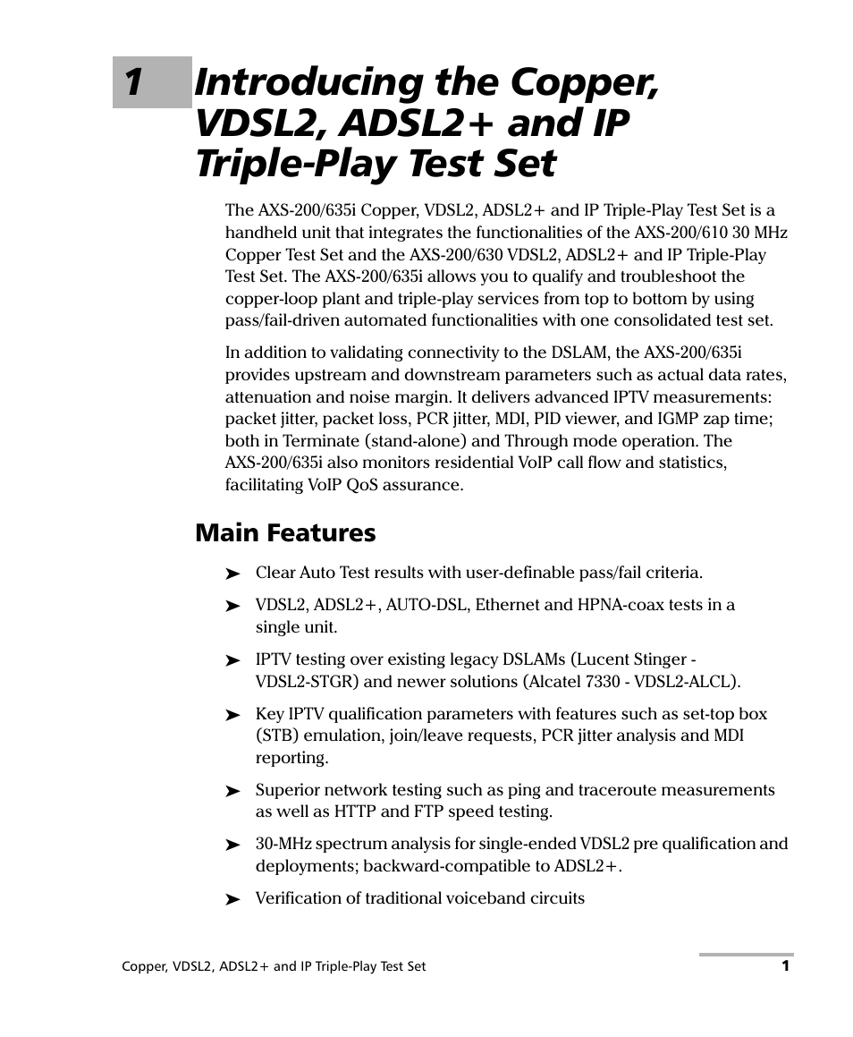 Main features | EXFO VDSL2 User Manual | Page 9 / 275