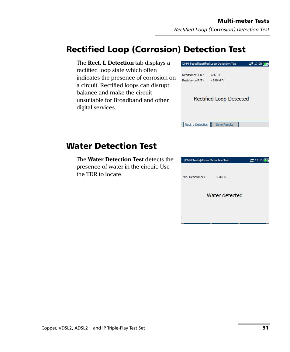 Rectified loop (corrosion) detection test, Water detection test | EXFO VDSL2 User Manual | Page 99 / 275