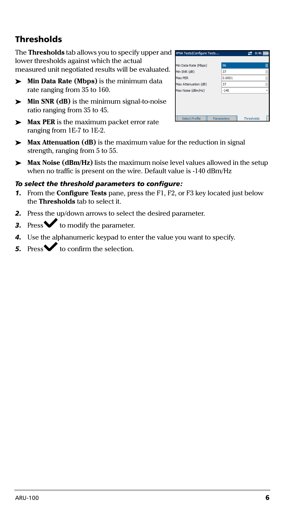 Thresholds | EXFO ARU-100 HPNA Test Probe User Manual | Page 11 / 26