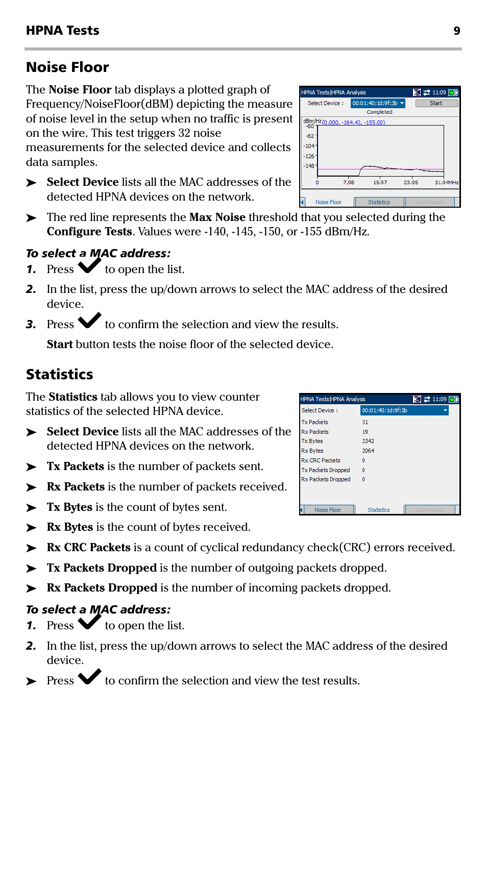 Noise floor, Statistics | EXFO ARU-100 HPNA Test Probe User Manual | Page 14 / 26