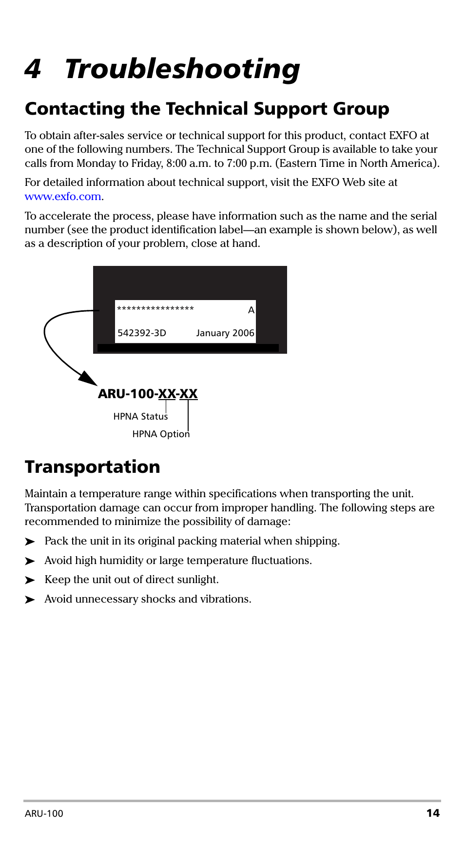 4 troubleshooting, Contacting the technical support group, Transportation | Aru-100-xx-xx | EXFO ARU-100 HPNA Test Probe User Manual | Page 19 / 26