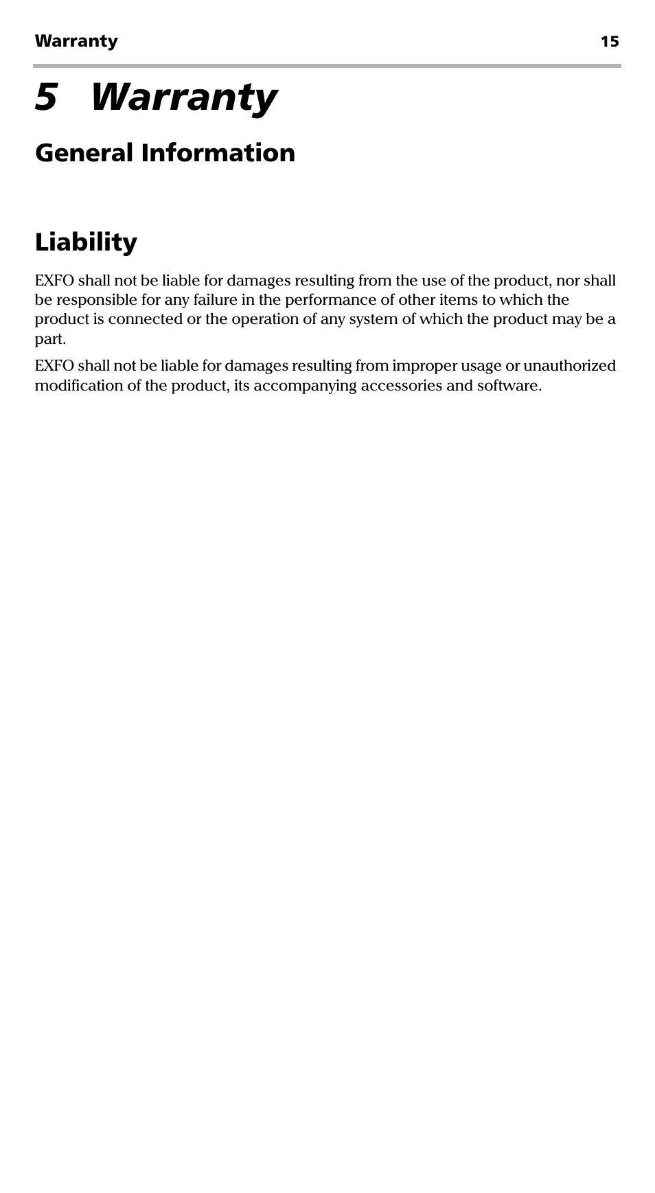 5 warranty, General information, Liability | General information liability | EXFO ARU-100 HPNA Test Probe User Manual | Page 20 / 26