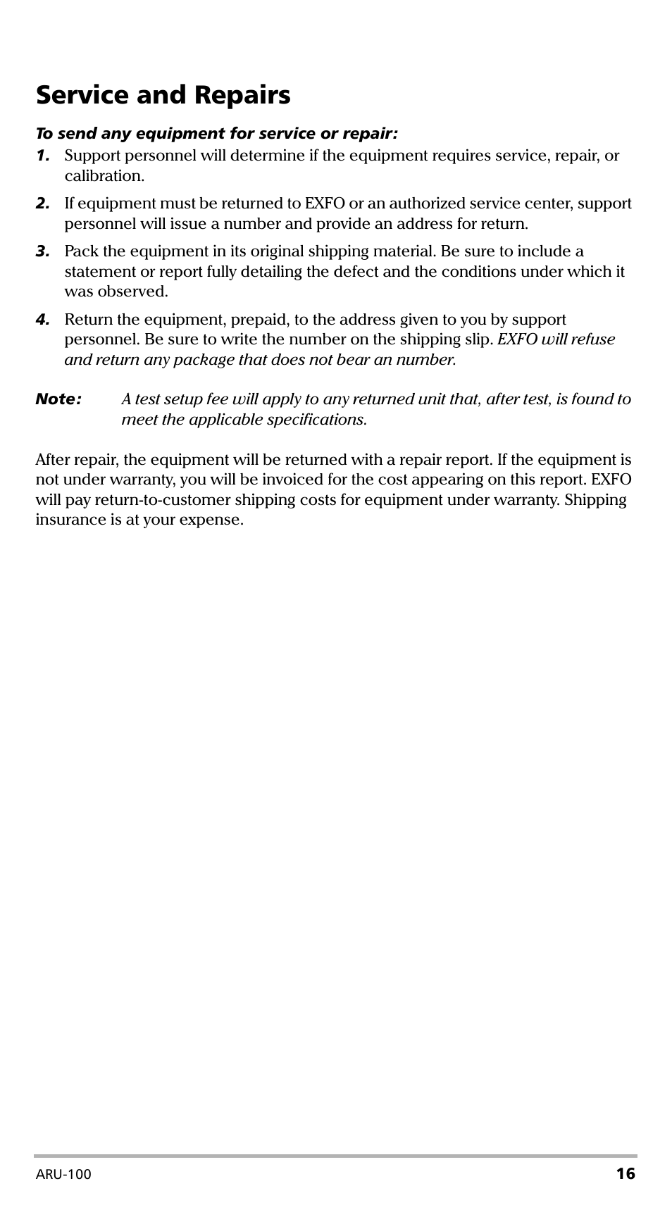Service and repairs | EXFO ARU-100 HPNA Test Probe User Manual | Page 21 / 26