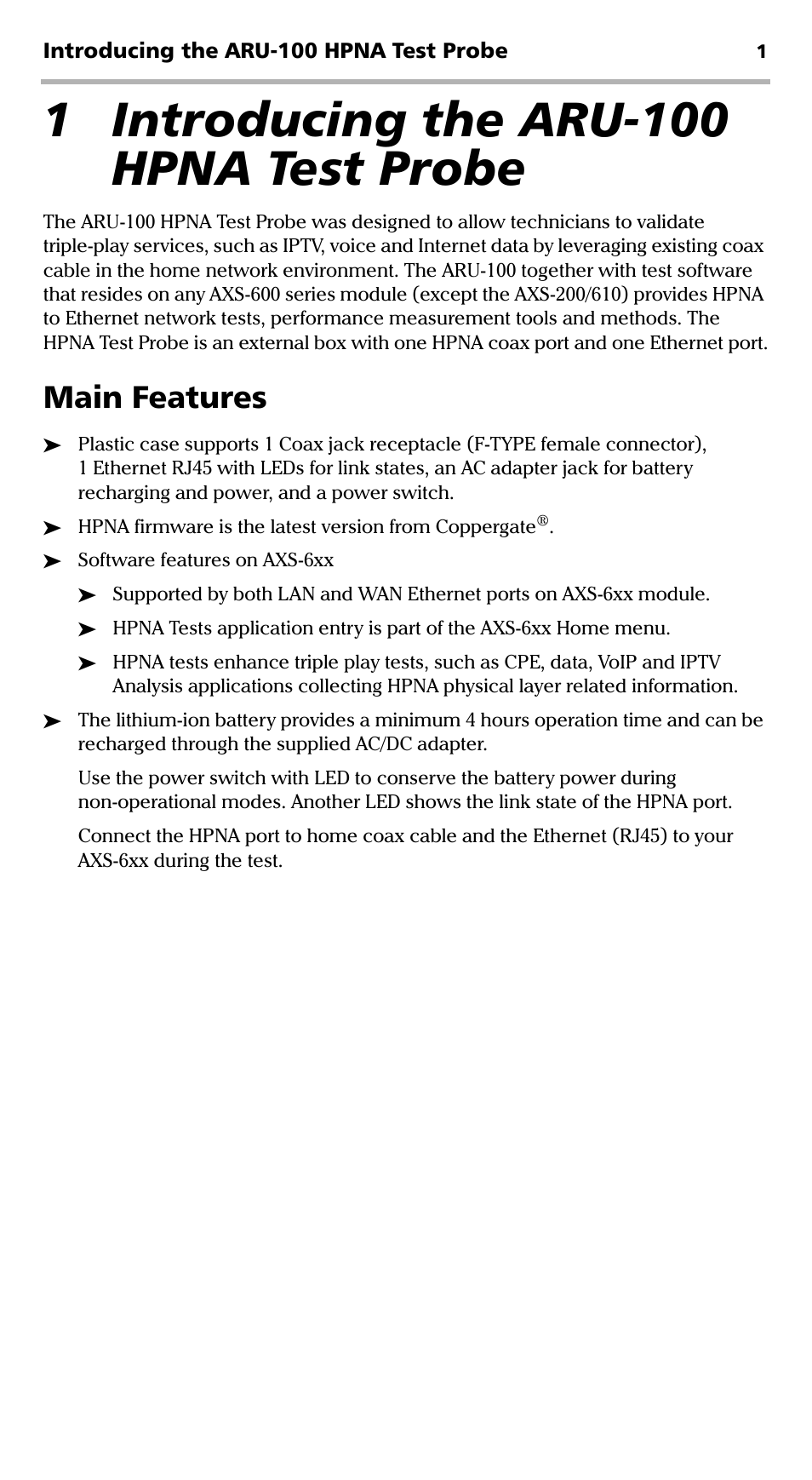 1 introducing the aru-100 hpna test probe, Main features | EXFO ARU-100 HPNA Test Probe User Manual | Page 6 / 26