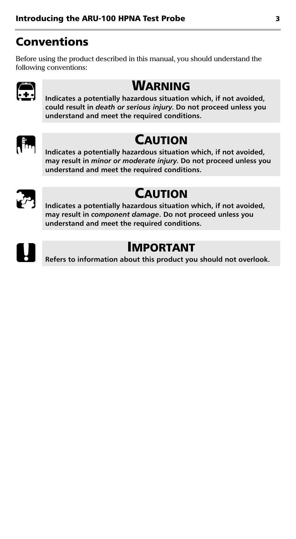 Conventions, Arning, Aution | Mportant | EXFO ARU-100 HPNA Test Probe User Manual | Page 8 / 26