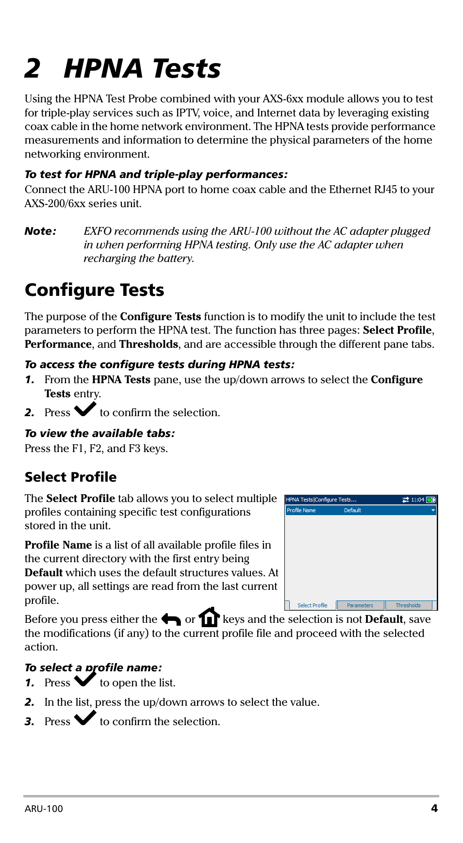 2 hpna tests, Configure tests, Select profile | EXFO ARU-100 HPNA Test Probe User Manual | Page 9 / 26
