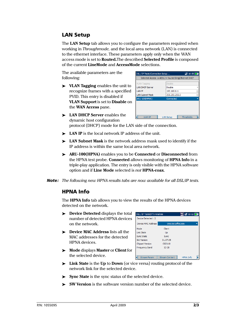 Lan setup, Hpna info | EXFO ARU-100 HPNA Test Software Option for DSL/IP Tests User Manual | Page 2 / 3