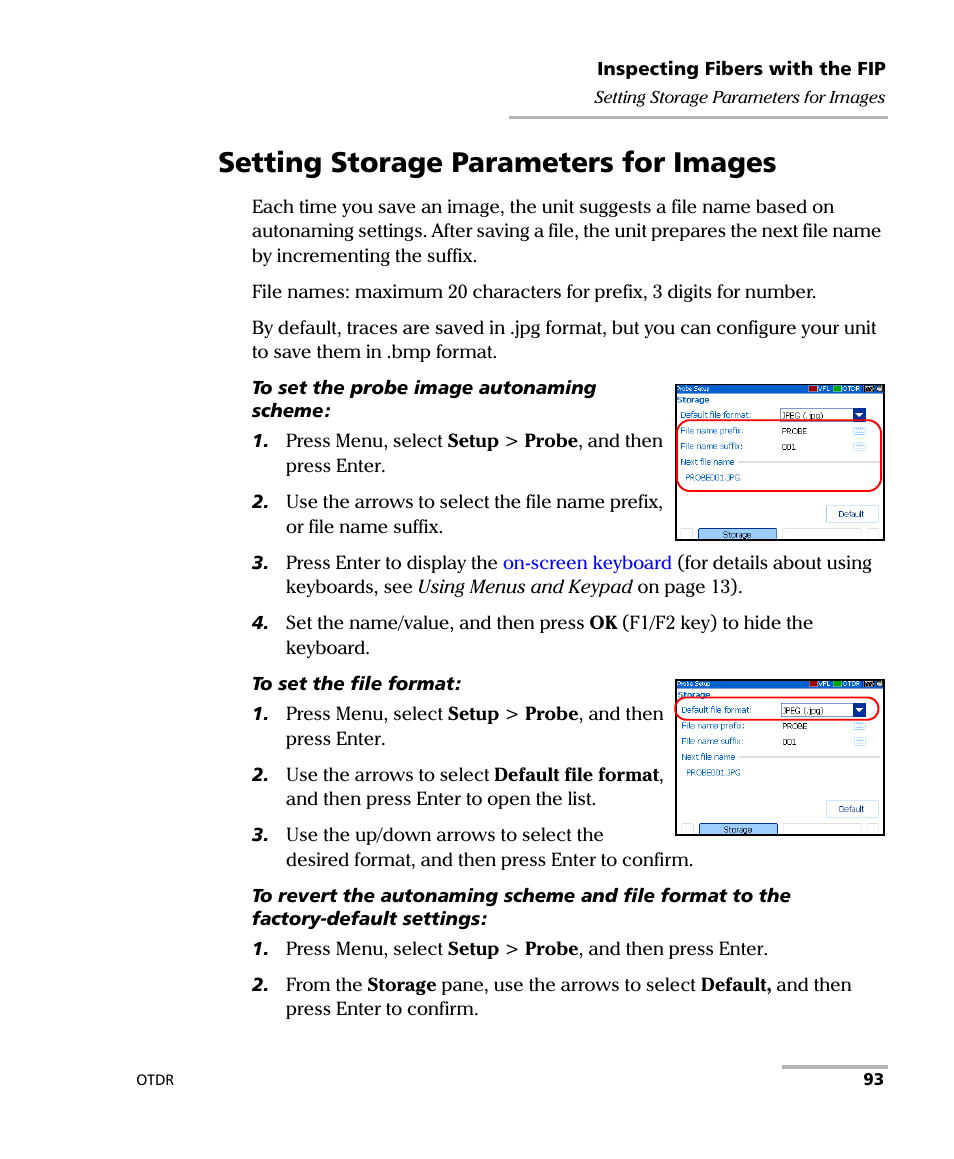 Setting storage parameters for images | EXFO AXS-100 Series OTDR User Manual | Page 101 / 155