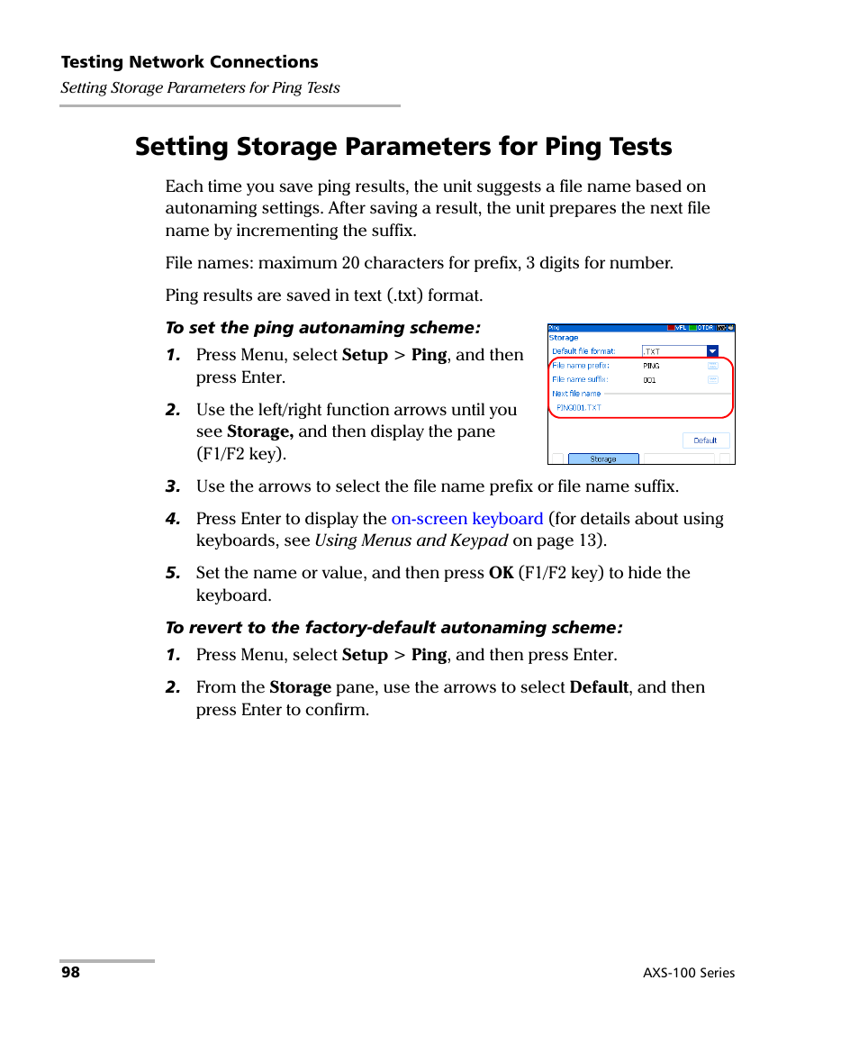 Setting storage parameters for ping tests | EXFO AXS-100 Series OTDR User Manual | Page 106 / 155