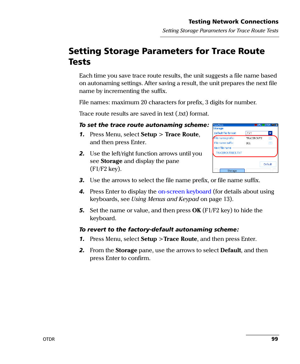 Setting storage parameters for trace route tests | EXFO AXS-100 Series OTDR User Manual | Page 107 / 155