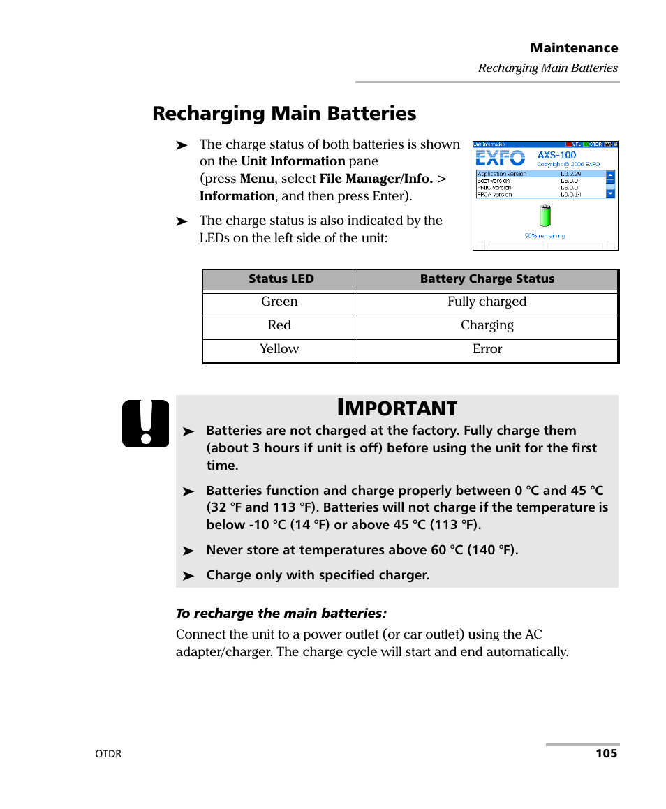 Recharging main batteries, Mportant | EXFO AXS-100 Series OTDR User Manual | Page 113 / 155
