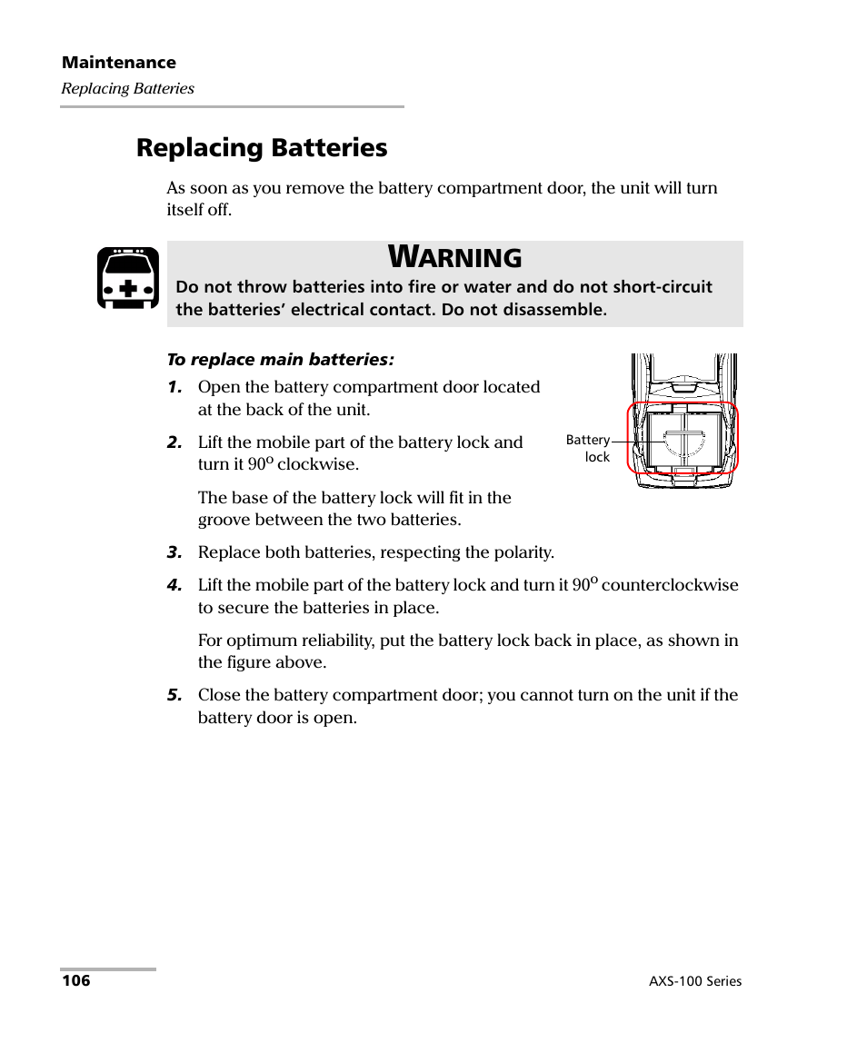 Replacing batteries, Arning | EXFO AXS-100 Series OTDR User Manual | Page 114 / 155