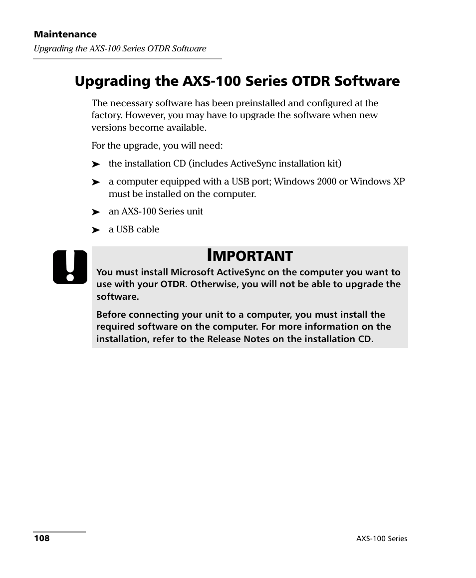 Upgrading the axs-100 series otdr software, Mportant | EXFO AXS-100 Series OTDR User Manual | Page 116 / 155