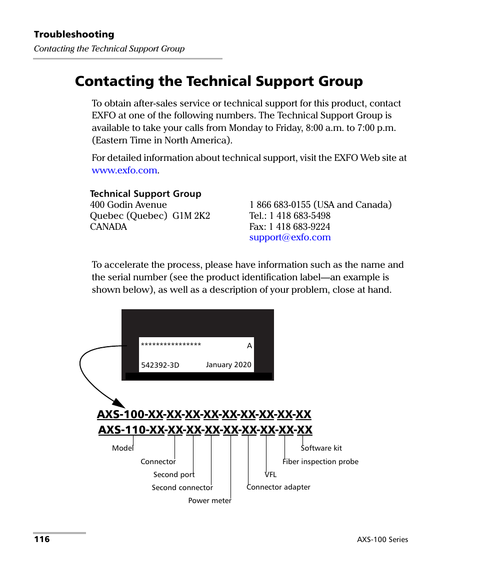 Contacting the technical support group, Axs-110-xx-xx-xx-xx-xx-xx-xx-xx-xx, Axs-100-xx-xx-xx-xx-xx-xx-xx-xx-xx | EXFO AXS-100 Series OTDR User Manual | Page 124 / 155
