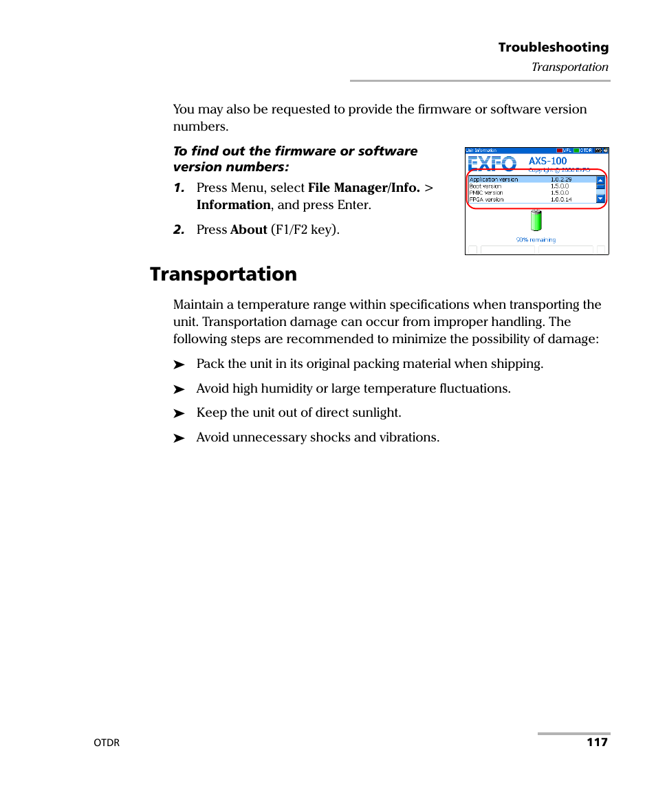 Transportation | EXFO AXS-100 Series OTDR User Manual | Page 125 / 155
