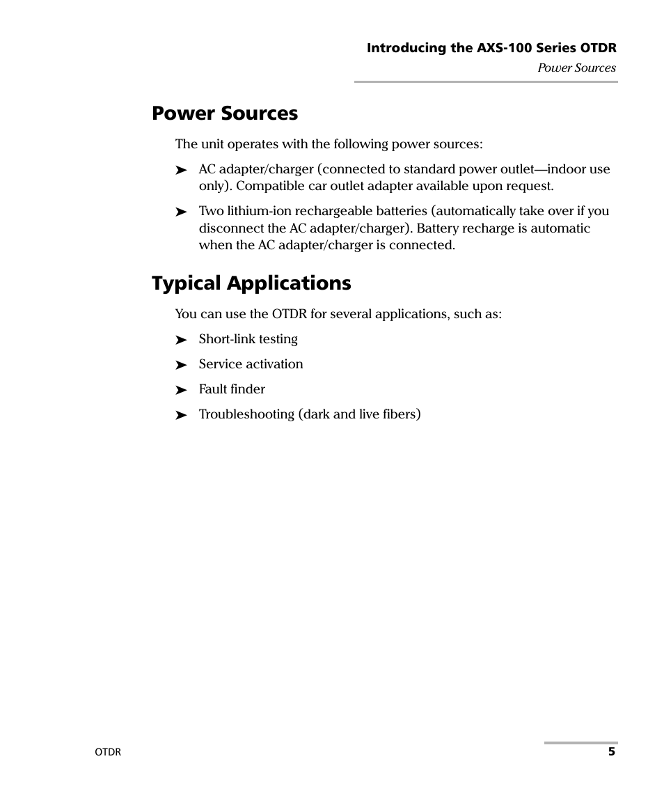 Power sources, Typical applications, Power sources typical applications | EXFO AXS-100 Series OTDR User Manual | Page 13 / 155
