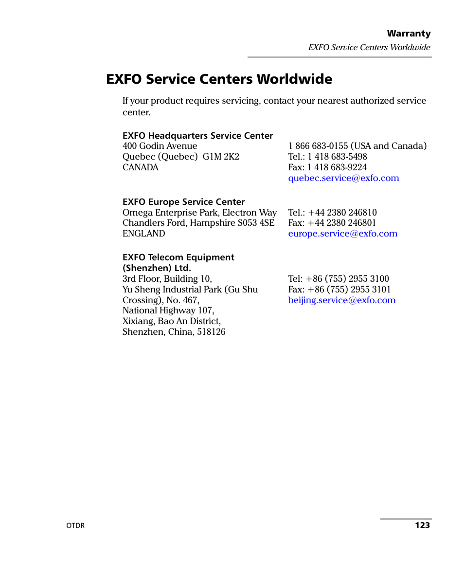 Exfo service centers worldwide | EXFO AXS-100 Series OTDR User Manual | Page 131 / 155