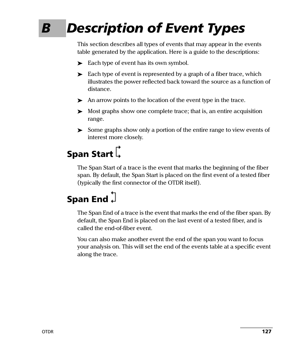 B description of event types, Span start, Span end | Span start span end | EXFO AXS-100 Series OTDR User Manual | Page 135 / 155