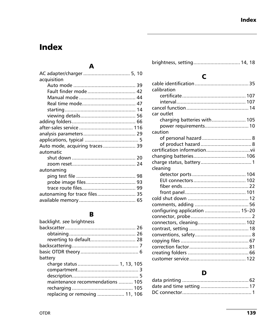 Index | EXFO AXS-100 Series OTDR User Manual | Page 147 / 155