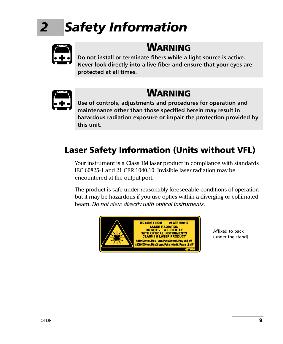 2 safety information, Laser safety information (units without vfl), 2safety information | EXFO AXS-100 Series OTDR User Manual | Page 17 / 155