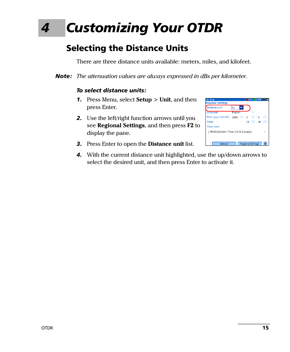 4 customizing your otdr, Selecting the distance units, 4customizing your otdr | EXFO AXS-100 Series OTDR User Manual | Page 23 / 155