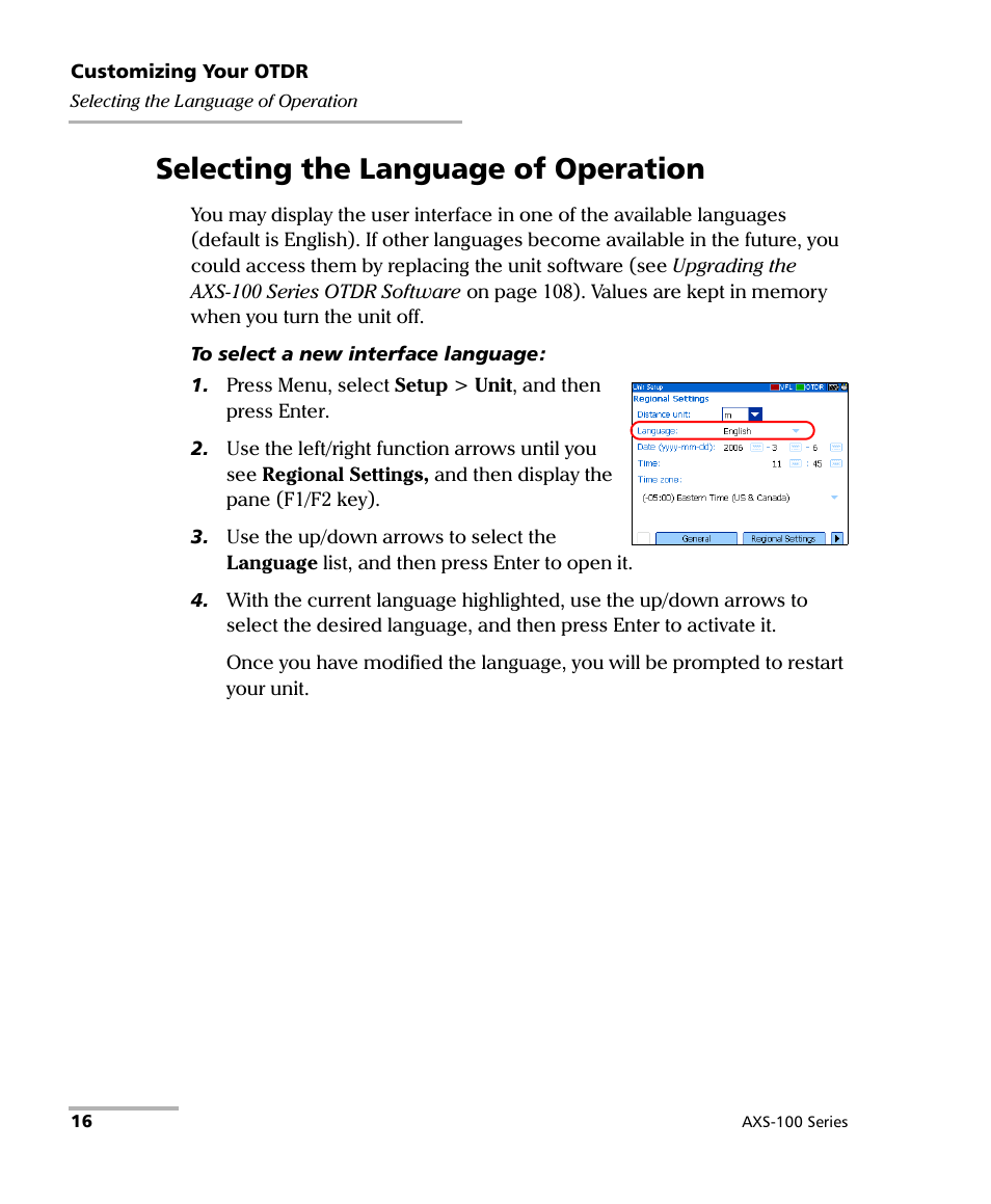 Selecting the language of operation | EXFO AXS-100 Series OTDR User Manual | Page 24 / 155
