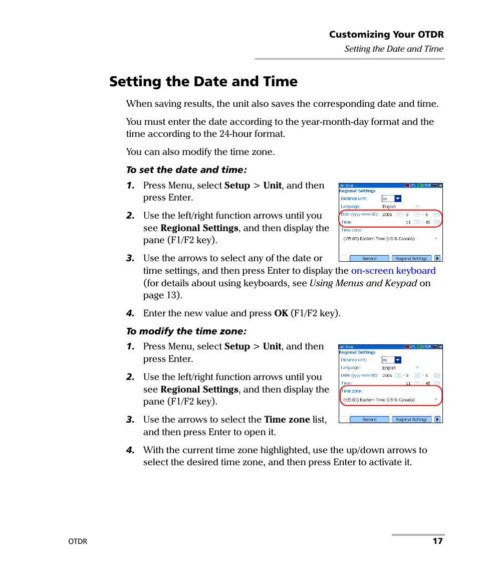 Setting the date and time | EXFO AXS-100 Series OTDR User Manual | Page 25 / 155