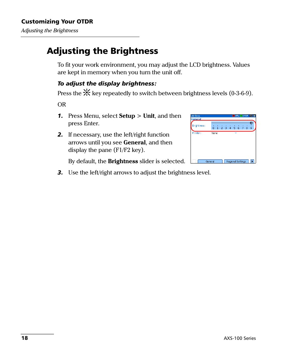 Adjusting the brightness | EXFO AXS-100 Series OTDR User Manual | Page 26 / 155