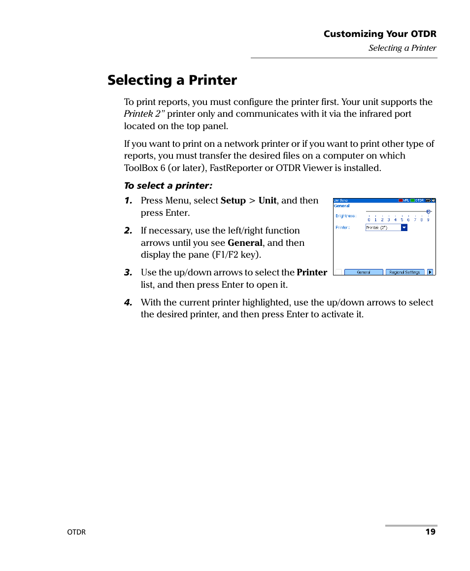 Selecting a printer | EXFO AXS-100 Series OTDR User Manual | Page 27 / 155