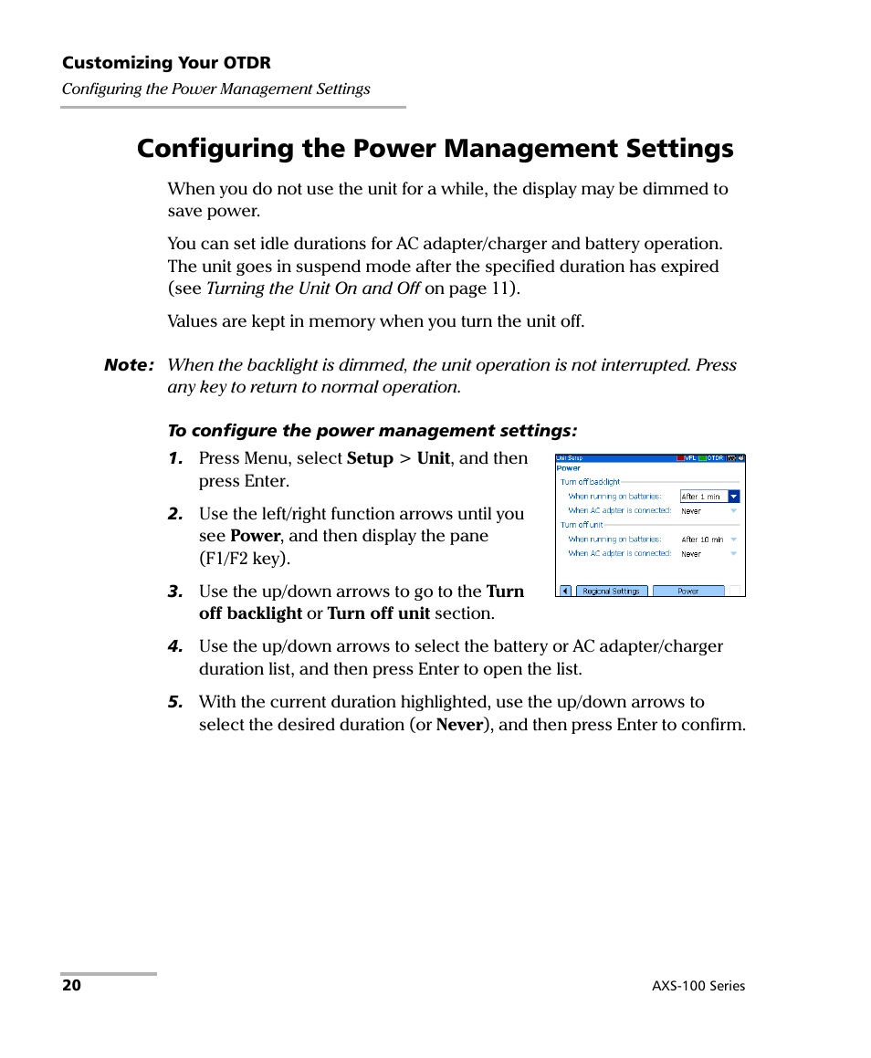 Configuring the power management settings | EXFO AXS-100 Series OTDR User Manual | Page 28 / 155