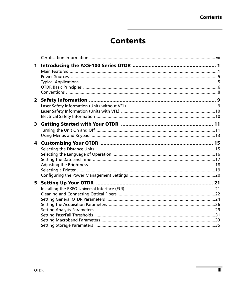 EXFO AXS-100 Series OTDR User Manual | Page 3 / 155