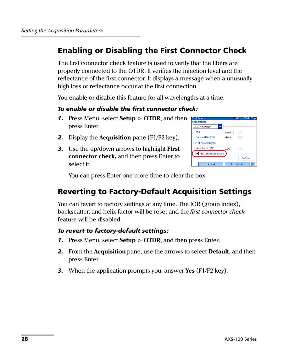 Enabling or disabling the first connector check, Reverting to factory-default acquisition settings | EXFO AXS-100 Series OTDR User Manual | Page 36 / 155