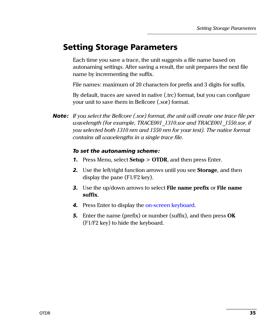 Setting storage parameters | EXFO AXS-100 Series OTDR User Manual | Page 43 / 155