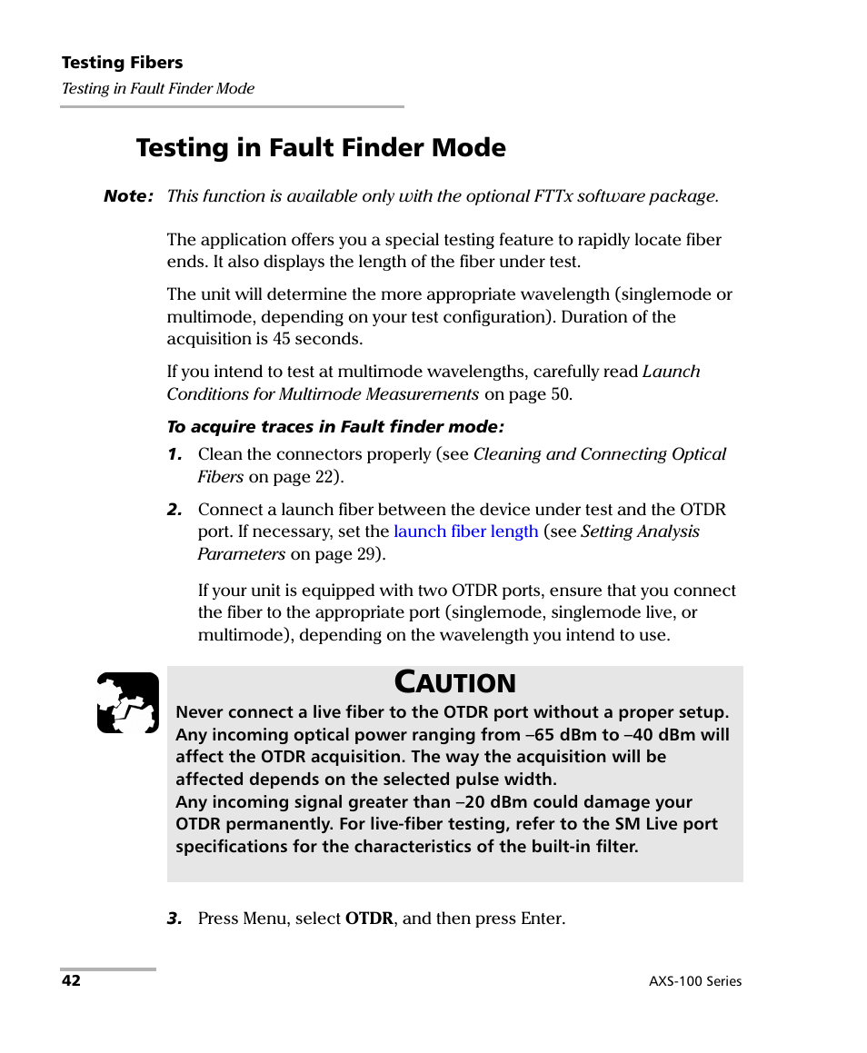 Testing in fault finder mode, Aution | EXFO AXS-100 Series OTDR User Manual | Page 50 / 155
