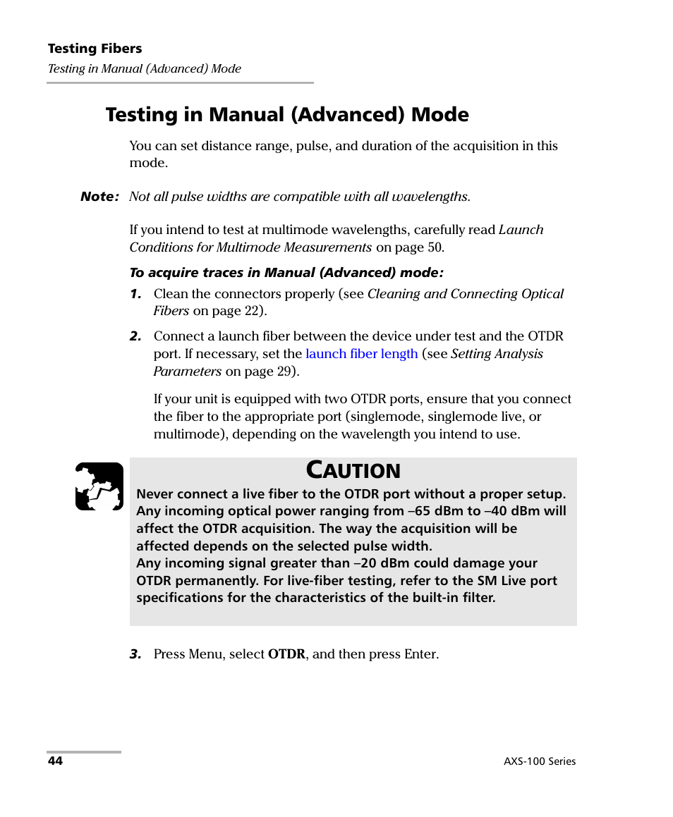 Testing in manual (advanced) mode, Aution | EXFO AXS-100 Series OTDR User Manual | Page 52 / 155