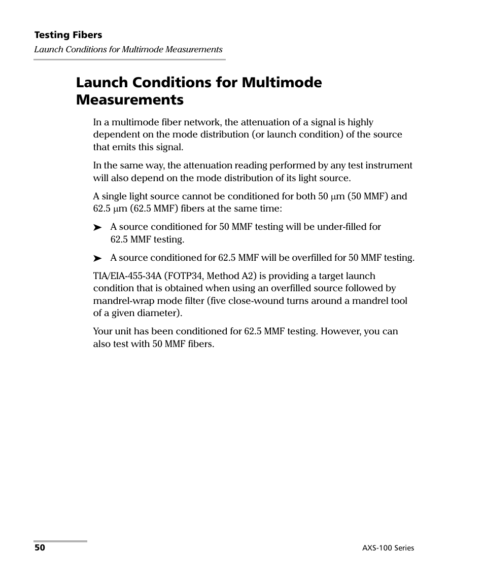 Launch conditions for multimode measurements | EXFO AXS-100 Series OTDR User Manual | Page 58 / 155