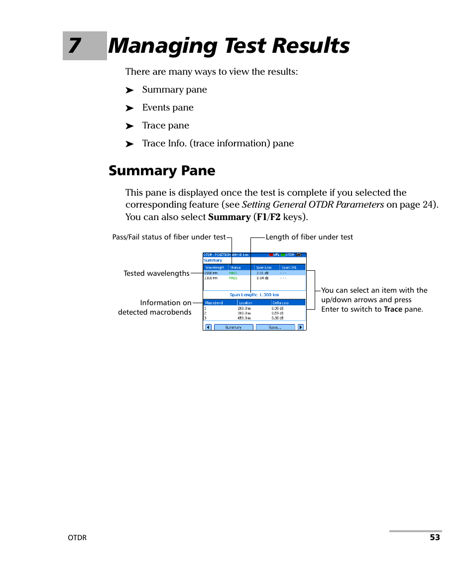 7 managing test results, Summary pane, 7managing test results | EXFO AXS-100 Series OTDR User Manual | Page 61 / 155