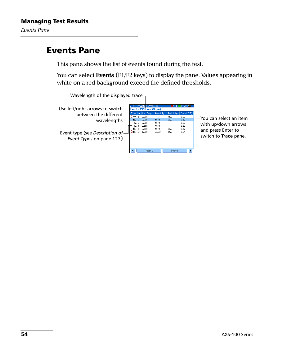 Events pane | EXFO AXS-100 Series OTDR User Manual | Page 62 / 155