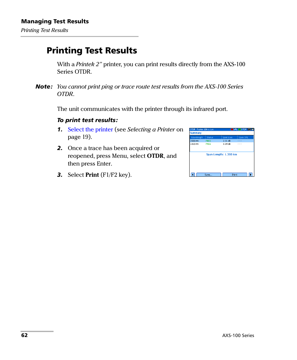 Printing test results | EXFO AXS-100 Series OTDR User Manual | Page 70 / 155