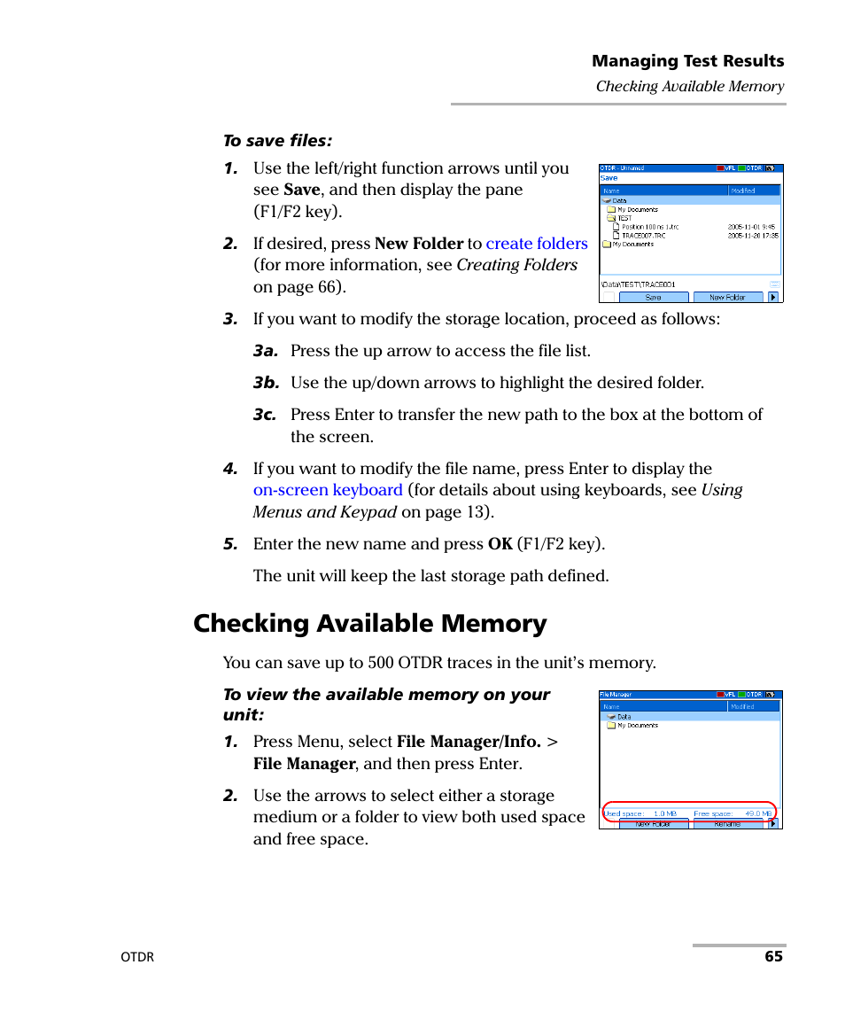 Checking available memory | EXFO AXS-100 Series OTDR User Manual | Page 73 / 155
