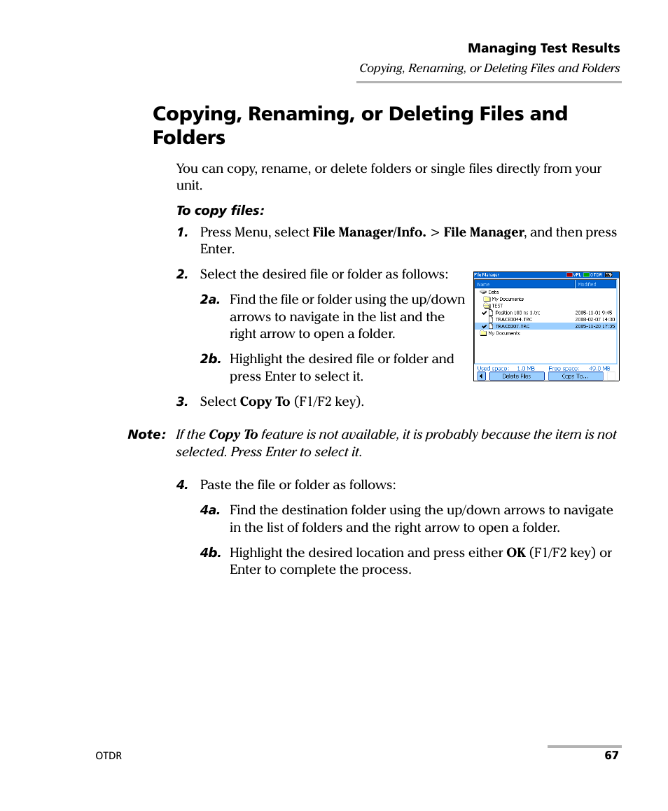Copying, renaming, or deleting files and folders, You can, Copy folders | Inst, Copying, renaming, or | EXFO AXS-100 Series OTDR User Manual | Page 75 / 155