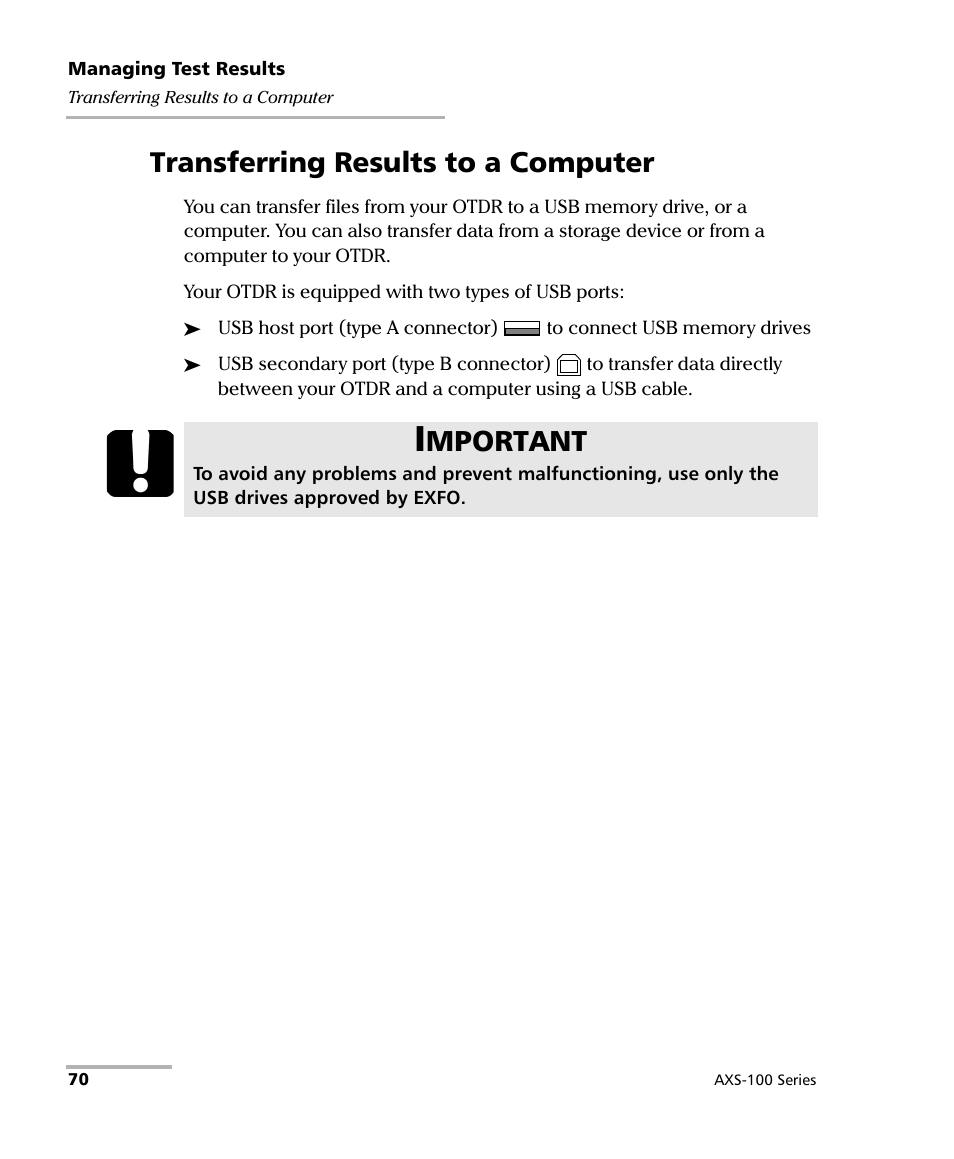 Transferring results to a computer, Mportant | EXFO AXS-100 Series OTDR User Manual | Page 78 / 155