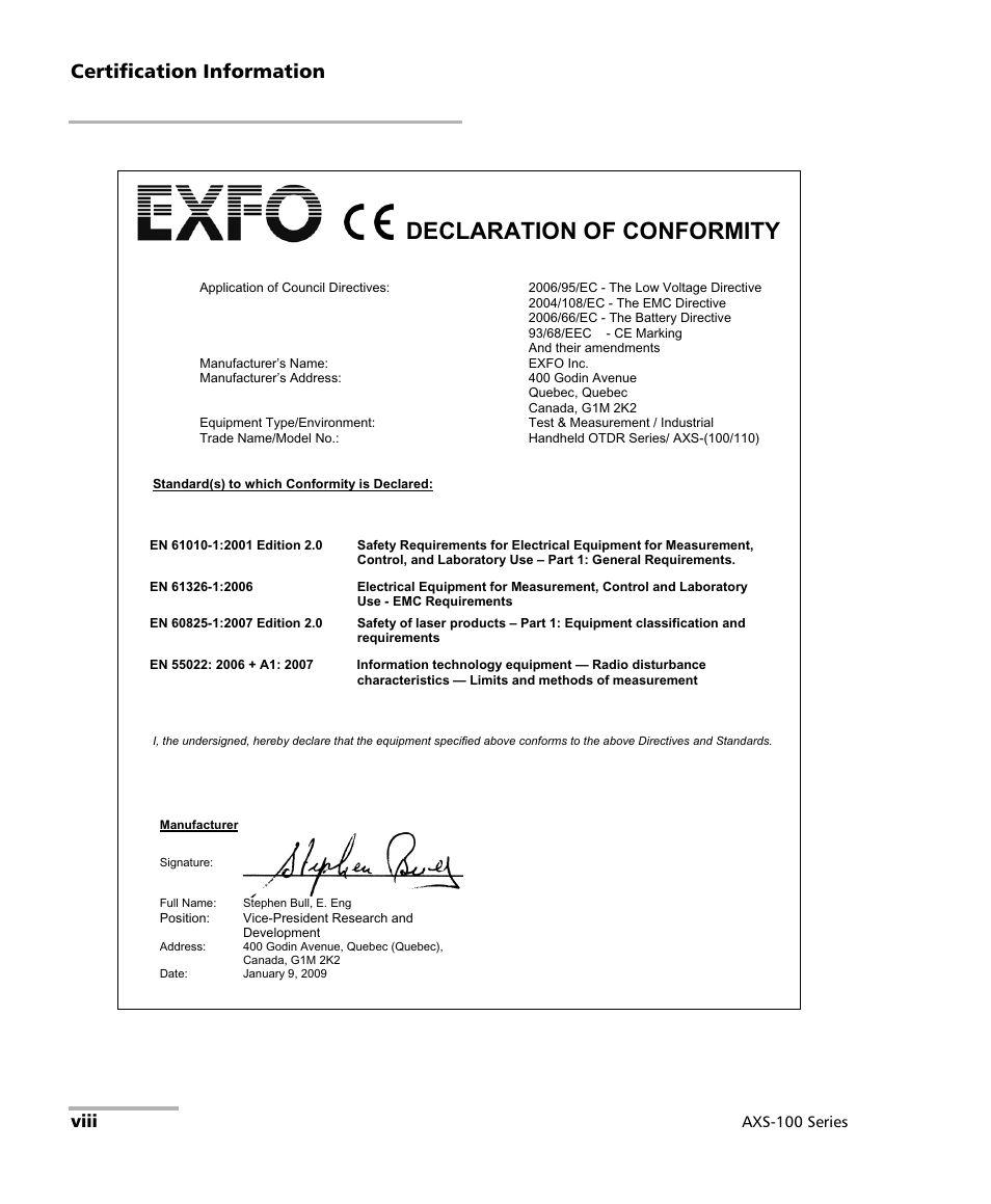 Declaration of conformity, Certification information, Viii | EXFO AXS-100 Series OTDR User Manual | Page 8 / 155