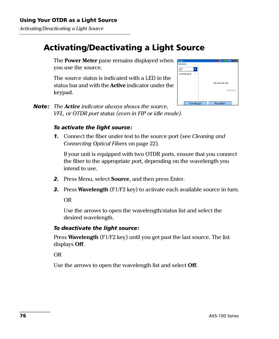 Activating/deactivating a light source | EXFO AXS-100 Series OTDR User Manual | Page 84 / 155
