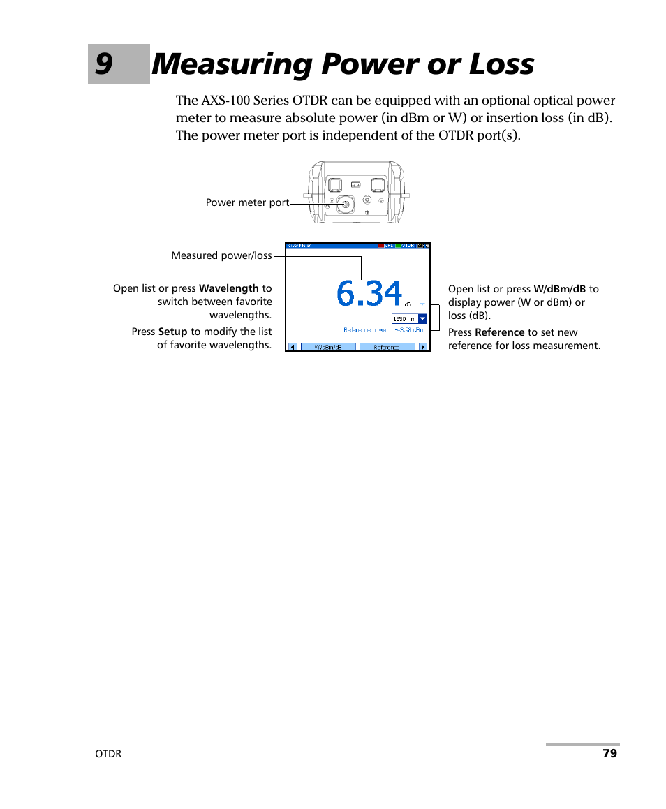 9 measuring power or loss, 9measuring power or loss | EXFO AXS-100 Series OTDR User Manual | Page 87 / 155