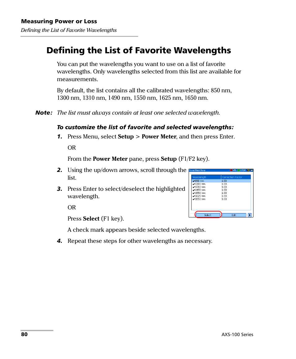 Defining the list of favorite wavelengths | EXFO AXS-100 Series OTDR User Manual | Page 88 / 155