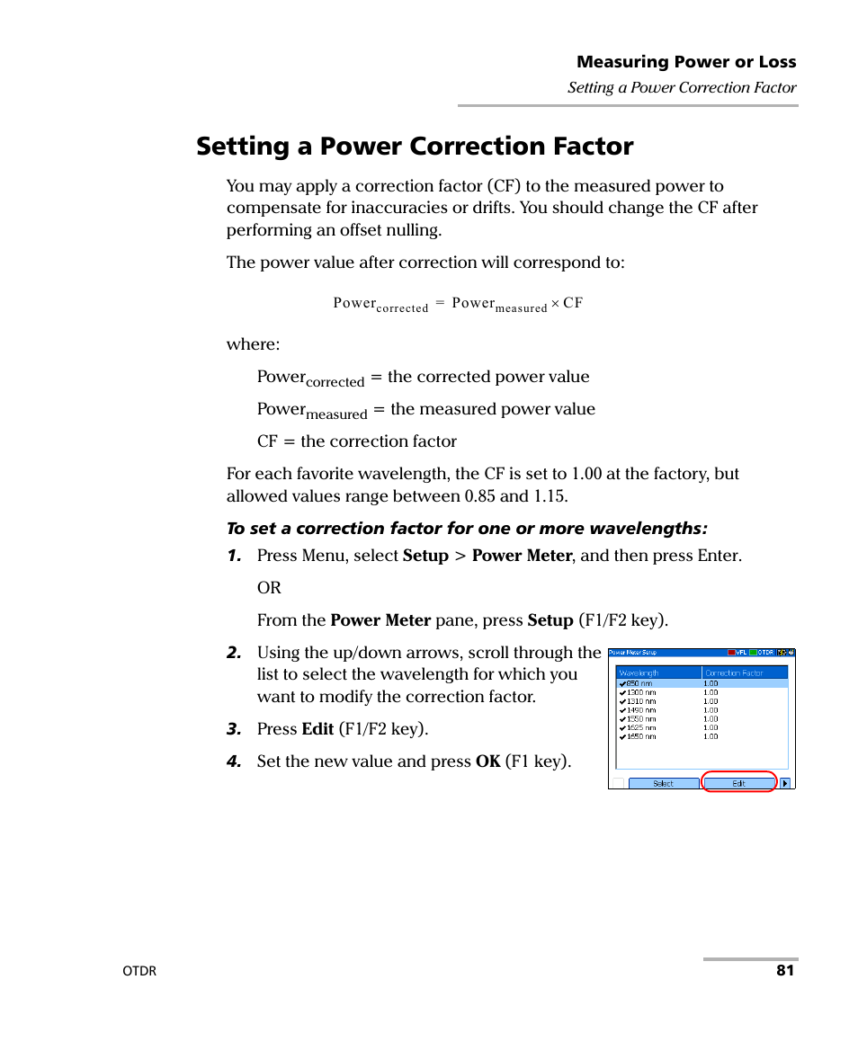 Setting a power correction factor | EXFO AXS-100 Series OTDR User Manual | Page 89 / 155