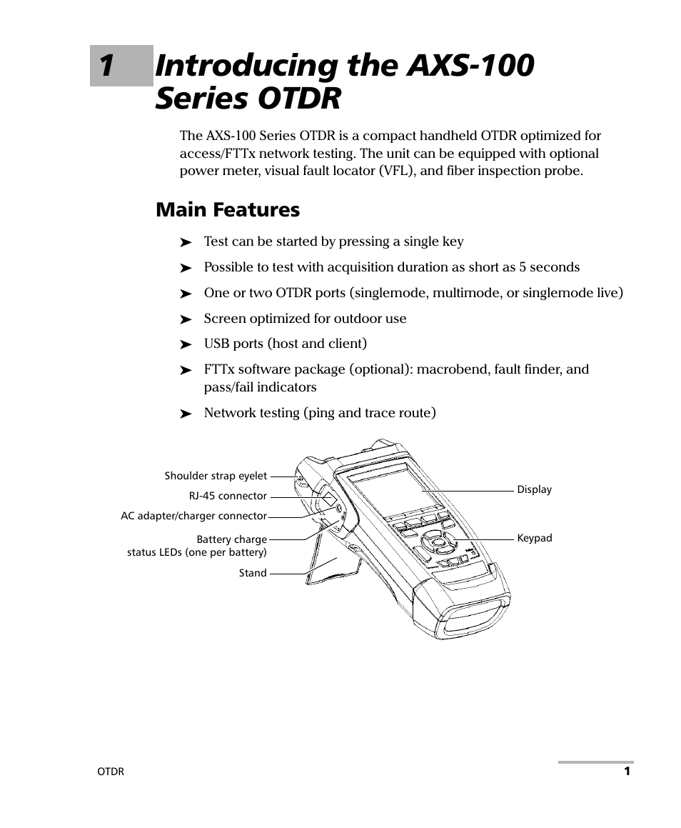 1 introducing the axs-100 series otdr, Main features, 1introducing the axs-100 series otdr | EXFO AXS-100 Series OTDR User Manual | Page 9 / 155
