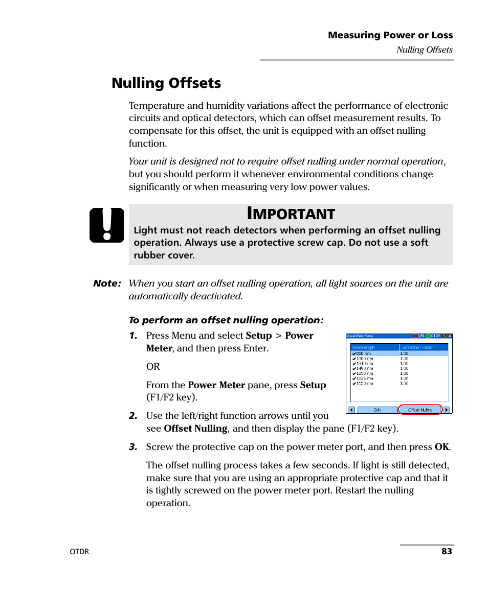 Nulling offsets, Mportant | EXFO AXS-100 Series OTDR User Manual | Page 91 / 155